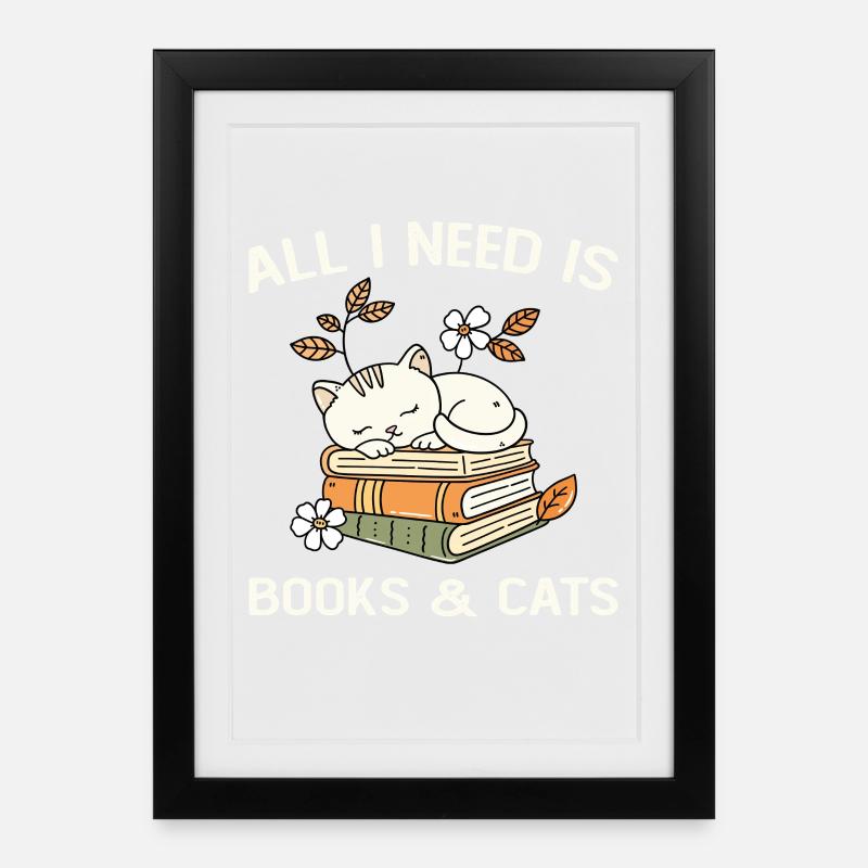 Bücher und Katzen Geschenkidee Frau Mann - Gerahmtes Poster (27 × 37 cm) - Schwarz