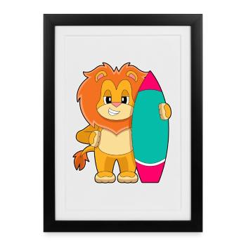 Lion Surfing Surfboard Summer - Framed poster (27 × 37 cm) - black - Front