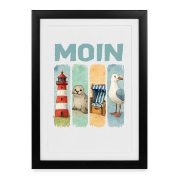 Phare de Moin, chaise de plage avec phoques, côte des mouettes - Affiche encadrée (27 × 37 cm) - noir - Devant