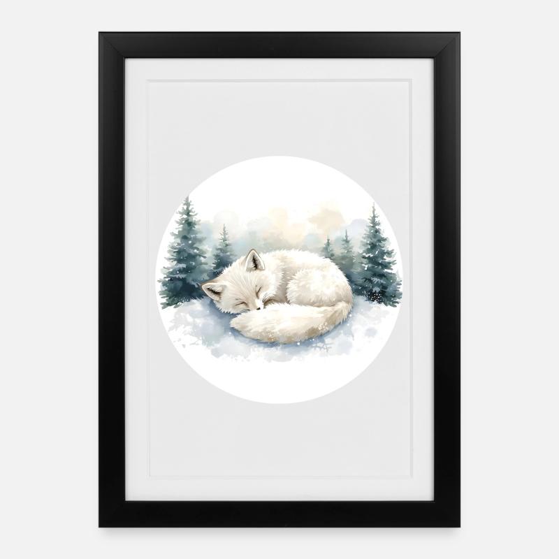 Renard arctique Snowsleep Aquarelle - Affiche encadrée (27 × 37 cm) - noir