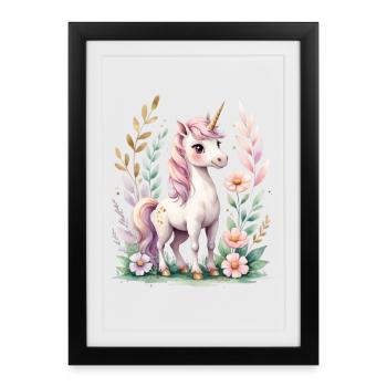 Pastel Unicorn with Flower Frame - Framed poster (27 × 37 cm) - black - Front