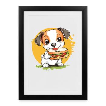 Little dog enjoying burger - Framed poster (27 × 37 cm) - black - Front