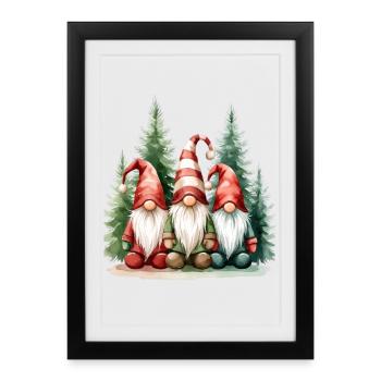 Trois nains de jardin dans la forêt hivernale - Affiche encadrée (27 × 37 cm) - noir - Devant