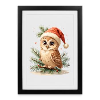 Hibou de Noël avec chapeau de Père Noël - Affiche encadrée (27 × 37 cm) - noir - Devant