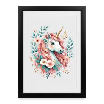Pastellunicorn mit Blütenkranz - Gerahmtes Poster (27 × 37 cm) - Schwarz - Vorne