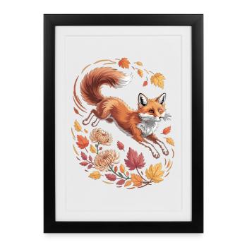 Renard avec des feuilles d’automne - Affiche encadrée (27 × 37 cm) - noir - Devant