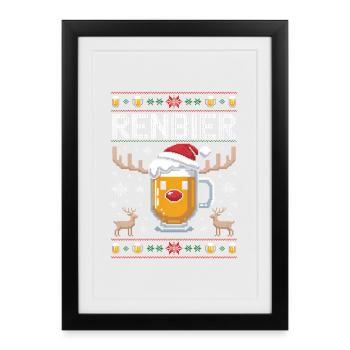 Rentier Bier Pixel Weihnacht - Gerahmtes Poster (27 × 37 cm) - Schwarz - Vorne