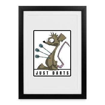 Funny darts comic motif. JUST DARTS - Framed poster (27 × 37 cm) - black - Front