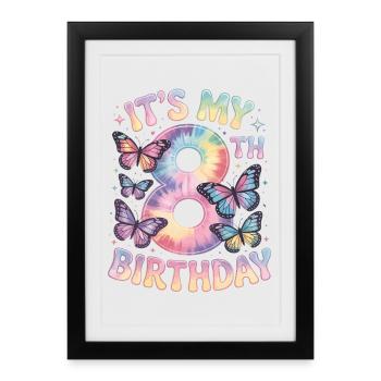 Décoration papillon arc-en-ciel 8e anniversaire - Affiche encadrée (27 × 37 cm) - noir - Devant