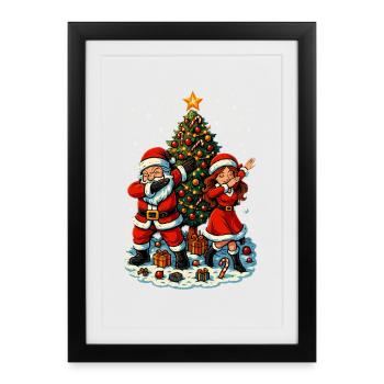 Dabbing Santa & Mrs Claus vor Weihnachtsbaum - Gerahmtes Poster (27 × 37 cm) - Schwarz - Vorne