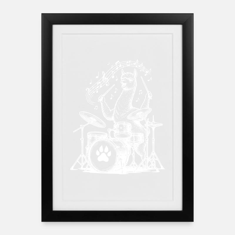 Drumming Alpaca Cartoon Music - Framed poster (27 × 37 cm) - black
