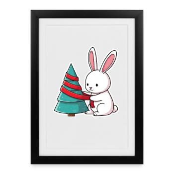 Lapin attache un arbre avec un ruban rouge - Affiche encadrée (27 × 37 cm) - noir - Devant