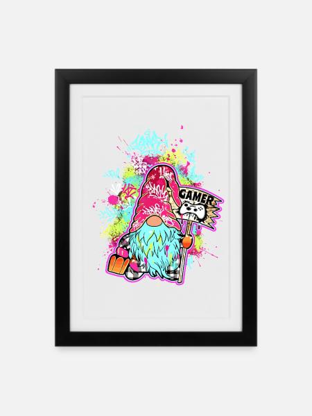 Gamer Wichtel Streetart Gnom - Gerahmtes Poster (27 × 37 cm) - Schwarz