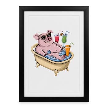 Cochon relaxant dans le bain avec cocktails - Affiche encadrée (27 × 37 cm) - noir - Devant
