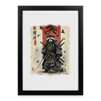 Samurai Waschbär, Anime Grafik Japanischer Krieger - Gerahmtes Poster (27 × 37 cm) - Schwarz - Vorne