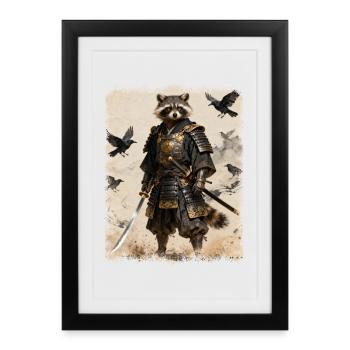 Samurai Waschbär, Anime Grafik Japanischer Krieger - Gerahmtes Poster (27 × 37 cm) - Schwarz - Vorne