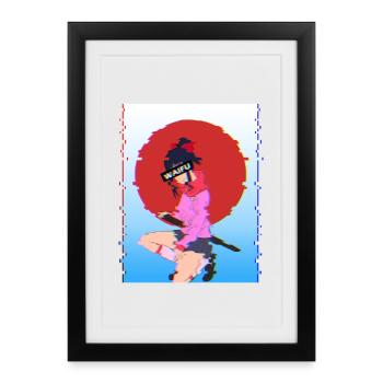 Waifu Samouraï Glitch : Esthétique Vaporwave - Affiche encadrée (27 × 37 cm) - noir - Devant
