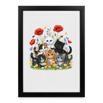 Chatons au jardin fleuri - Affiche encadrée (27 × 37 cm) - noir - Devant