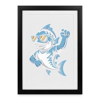 Blue shark with sunglasses - Framed poster (27 × 37 cm) - black - Front