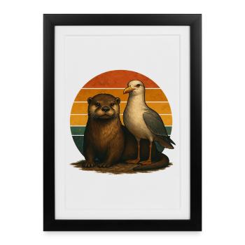 Otter, mouettes, amoureux rétro des animaux - Affiche encadrée (27 × 37 cm) - noir - Devant