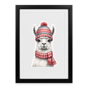 Winter Llama with Knitted Hat and Scarf - Framed poster (27 × 37 cm) - black - Front