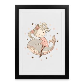 Une fille rêveuse chevauche une baleine - Affiche encadrée (27 × 37 cm) - noir - Devant