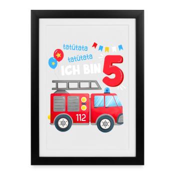 Uniforme de garçon de 5 ans pour cinquième anniversaire de la brigade des pompiers - Affiche encadrée (27 × 37 cm) - noir - Devant