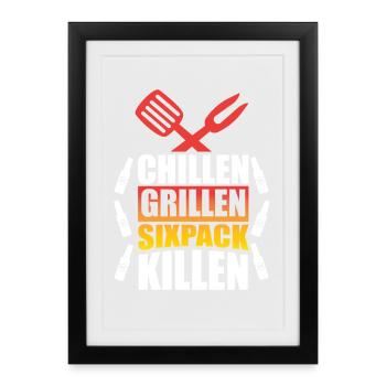 Griller un six-pack de tuerie / Dire drôle sur le barbecue - Affiche encadrée (27 × 37 cm) - noir - Devant