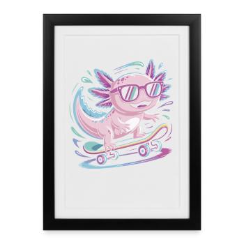 Patineur axolotl rose avec lunettes de soleil - Affiche encadrée (27 × 37 cm) - noir - Devant