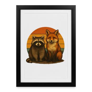 Raccoon Fox Retro Animaux Friends - Affiche encadrée (27 × 37 cm) - noir - Devant