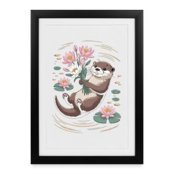 T-shirt Otter avec des fleurs - Affiche encadrée (27 × 37 cm) - noir - Devant