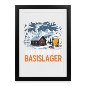 Je loge au camp de base - une cabane et une bière dans le - Affiche encadrée (27 × 37 cm) - noir - Devant