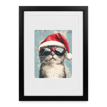 Coole Katze mit Sonnenbrille Weihnachtsmütze - Gerahmtes Poster (27 × 37 cm) - Schwarz - Vorne