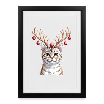 Kätzchen Mit Rentiergeweih Und Weihnachtskugeln - Gerahmtes Poster (27 × 37 cm) - Schwarz - Vorne
