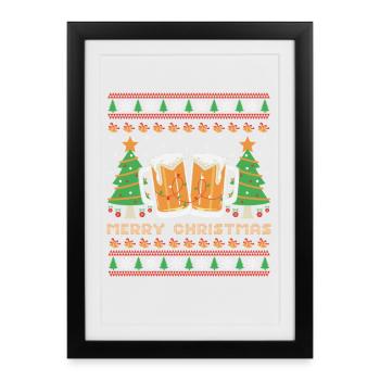 Joyeux Noël Pull Moche de Noël Cadeau Humour Bière - Affiche encadrée (27 × 37 cm) - noir - Devant