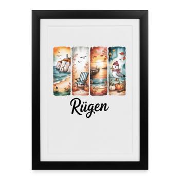 Saisons du phare de la mer Baltique de Rügen, mouette - Affiche encadrée (27 × 37 cm) - noir - Devant