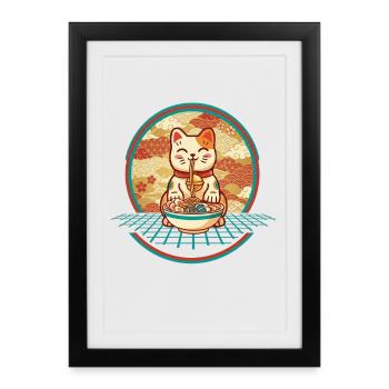 Maneki Neko Ramen Lucky Charm Chat - Affiche encadrée (27 × 37 cm) - noir - Devant