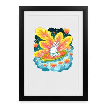 Un lapin sur un bateau cœur dans une mer de couleurs - Affiche encadrée (27 × 37 cm) - noir - Devant