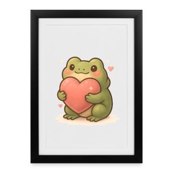 Grenouille Kawaii avec cœur – Art d’amour de grenouille mignonne - Affiche encadrée (27 × 37 cm) - noir - Devant