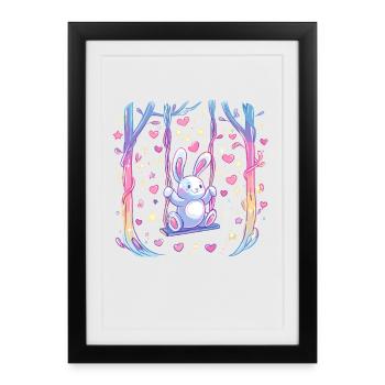 Bunny on swing in the heart rain - Framed poster (27 × 37 cm) - black - Front