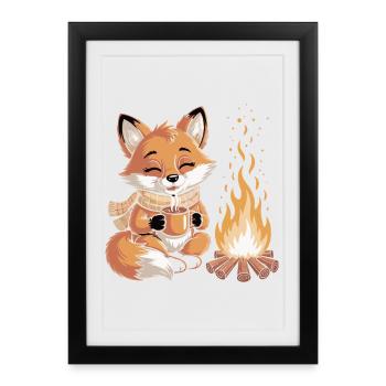 Renard câlin près du feu de camp - Affiche encadrée (27 × 37 cm) - noir - Devant