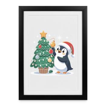 Pinguin schmückt Weihnachtsbaum - Gerahmtes Poster (27 × 37 cm) - Schwarz - Vorne