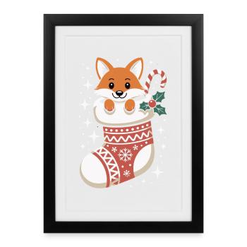 Renard en chaussette de Noël - Affiche encadrée (27 × 37 cm) - noir - Devant