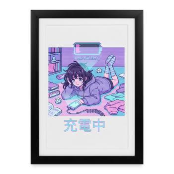 Anime Girl Low Battery Charging Pixel Art - Framed poster (27 × 37 cm) - black - Front