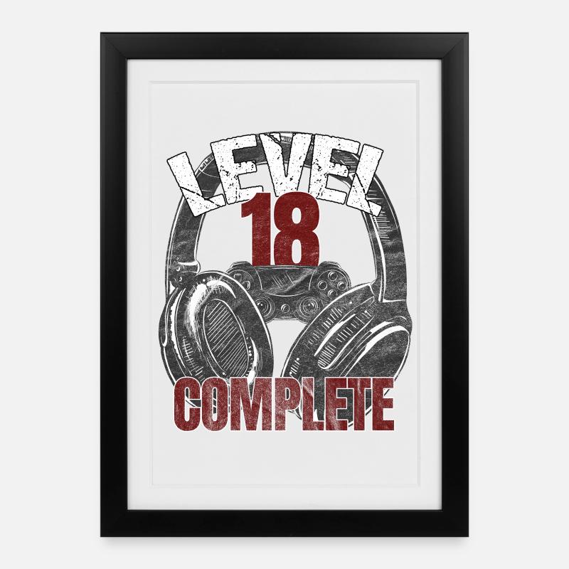 Niveau 18 Conception complète de l’anniversaire du joueur - Affiche encadrée (27 × 37 cm) - noir