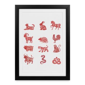 Signe du zodiaque chinois du signe du zodiaque chinois floral - Affiche encadrée (27 × 37 cm) - noir - Devant