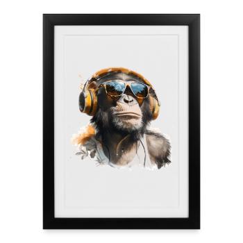 Singe cool avec des écouteurs et des lunettes de soleil - Affiche encadrée (27 × 37 cm) - noir - Devant