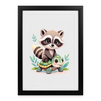 Raccoon & Turtle Illustration Nature Element - Framed poster (27 × 37 cm) - black - Front
