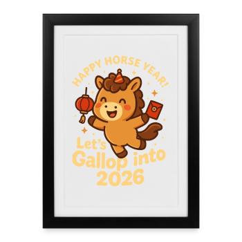 Happy 2026 Horse Year Kawaii - Framed poster (27 × 37 cm) - black - Front