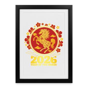 Année du zodiaque du cheval 2026 Nouvel An chinois - Affiche encadrée (27 × 37 cm) - noir - Devant